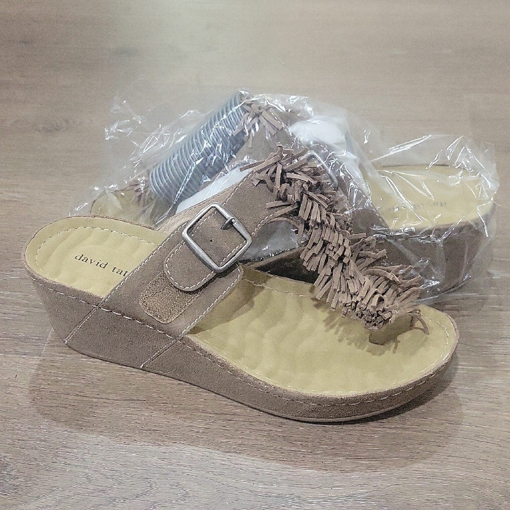 David Tate Brown Fringe Wedge Sandals